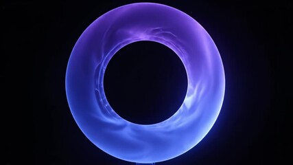 Glowing blue ring with purple gradient on black background, futuristic neon light sculpture - Powered by Adobe