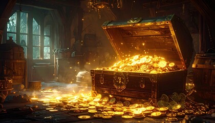 Treasure chest overflowing with golden coins in dark antique room