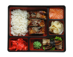 japanese bento isolated on transparent png, top view 