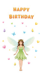 Happy Birthday Fairy Illustration with Hearts and Butterflies