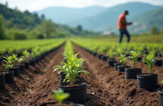 Rows of young plants in black pots ready for sale and planting. A worker tends the field in the distance. Fertile ground and green hills form the background scenery.