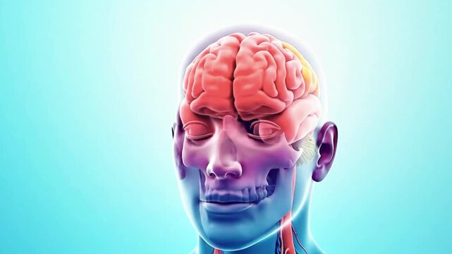 A video showcasing a human brain with colorful sections on a blue background, where the brain&rsquo;s colors are automatically changing.
