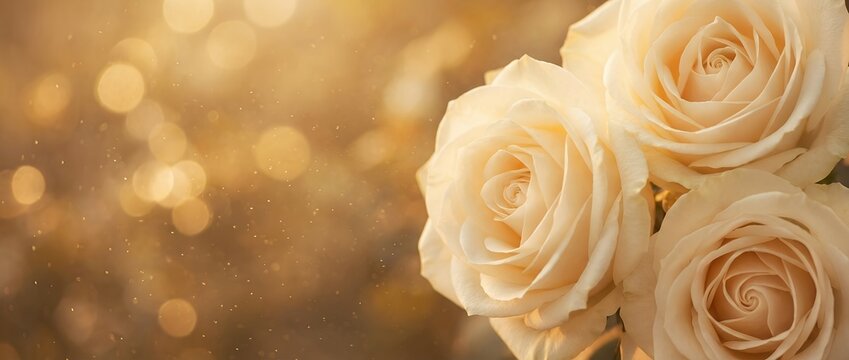 Close up of three creamy white or pale yellow roses with soft focus warm golden light and shimmering bokeh effects on the left side flower petals bloom romance wedding delicate natural - Powered by Adobe