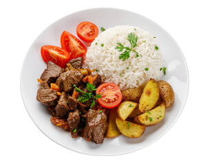 Peruvian traditional food. A beef with tomatoes, onion, rice and fried potatoes, Lomo saltado, isolated on transparent png