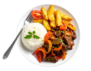 Peruvian traditional food. A beef with tomatoes, onion, rice and fried potatoes, Lomo saltado, isolated on transparent png