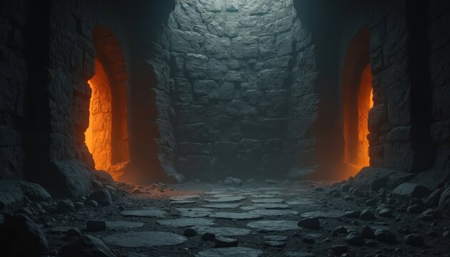 Dark ancient stone corridor with glowing orange archways on sides. Stony path leads through rough textured walls in dim light. Mysterious tunnel interior.