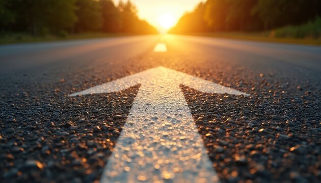 Asphalt road marked with a white arrow points towards bright sunset sun. Trees line path ahead. Open way forward suggests journey and goals.