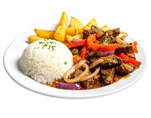 Peruvian traditional food. A beef with tomatoes, onion, rice and fried potatoes, Lomo saltado, isolated on transparent png