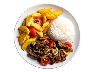 Peruvian traditional food. A beef with tomatoes, onion, rice and fried potatoes, Lomo saltado, isolated on transparent png