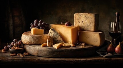 A rustic still life showcases various cheeses, grapes, figs, and a glass of red wine on a wooden surface with a dark, moody ambiance