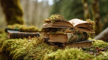 A moss-covered stone ledge holds stacked aged books, open to reveal yellowed pages. Surrounding moss adds a whimsical, foresty atmosphere