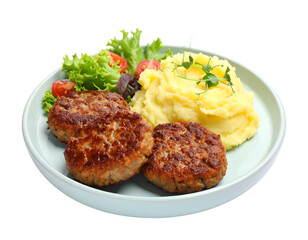 Plate of tasty meat cutlets with mashed potatoes and salad isolated on transparent png