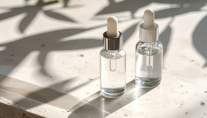 Morning light illuminates clear skincare bottles, a perfect canvas for a subtle black vector logo design, enhancing product presentation