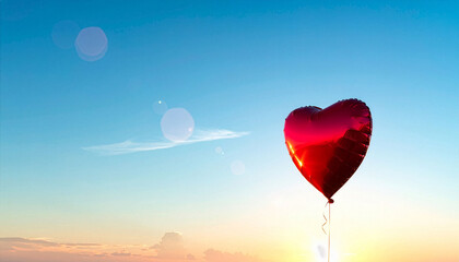 Red heart balloon floating in a clear blue sky with sun flares