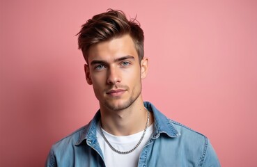 Obraz premium Young man with blue eyes and styled hair wears denim shirt. He has stubble and looks directly at camera. A silver chain rests on his white t-shirt.