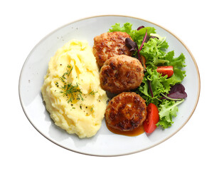 Plate of tasty meat cutlets with mashed potatoes and salad isolated on transparent png