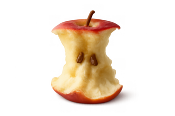 Red apple core with seeds and stem, focusing on food waste, healthy eating, and composting concept