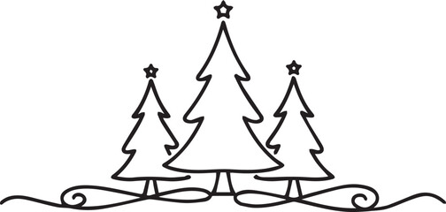 A clean black and white vector featuring three hand-drawn Christmas trees with stars, anchored by an elegant, symmetrical calligraphic flourish. Perfect for minimalist holiday branding. © reza