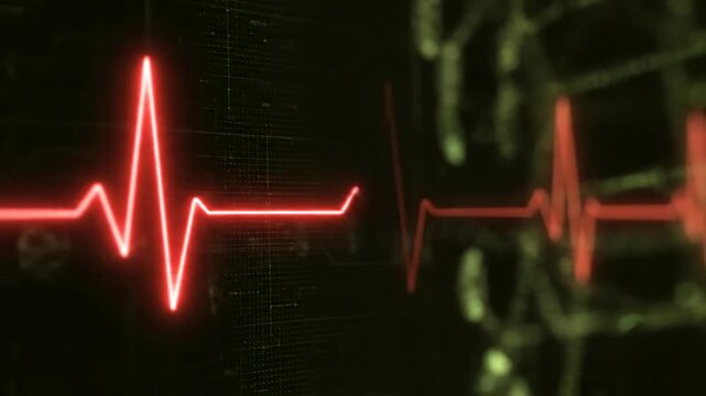 Vibrant Red Heartbeat Line on Dark Background with Abstract Blue and Green Elements.