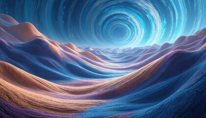 Abstract landscape features swirling blue sky over undulating sand dunes in earthy tones. The surreal scene blends natural earth elements with a dreamlike atmosphere, creating a unique visual style.