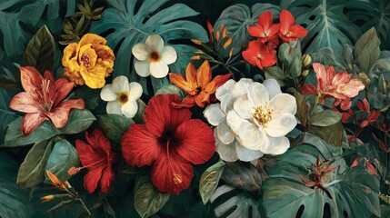 A lush, vibrant floral arrangement featuring a medley of colorful blooms set against a backdrop of oversized, emerald-green foliage