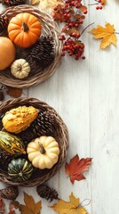 Autumn harvest pumpkins, gourds, pinecones, and berries decorate rustic white wood background