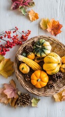 A woven basket overflows with miniature gourds and a single ear of corn, surrounded by colorful fallen leaves and red berries