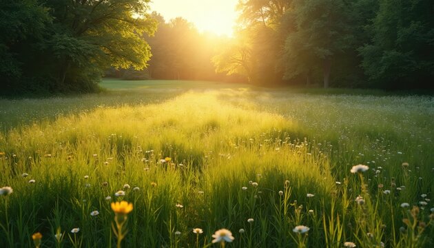 Golden sun shines on rich green field with wildflowers. Tall trees border the meadow. Morning mist rises from grass. Peaceful natural landscape. - Powered by Adobe