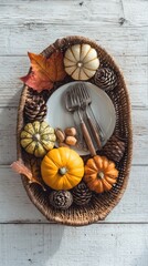 A rustic autumn table setting inside a woven basket atop whitewashed wooden planks, with small pumpkins, pinecones, and a leaf accenting a plate