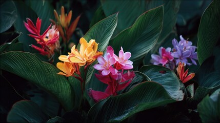 A vibrant cluster of tropical flowers in various colors bursts forth from large, dark green leaves. Light plays across the petals