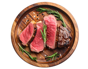 Roast Beef with Rosemary on Wooden Plate isolated on transparent png