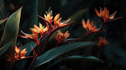 Exotic orange flowers with slender red stems pop against lush, deep green leaves. A sense of nature's beauty is captured in this intimate moment