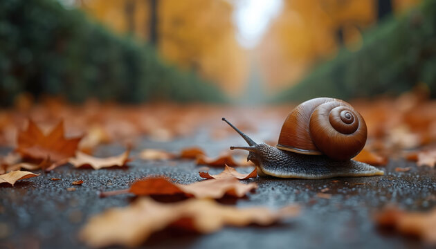 Small snail with brown shell moves slowly on wet asphalt path covered with orange autumn leaves. Blurred green bushes and yellow trees form soft background.