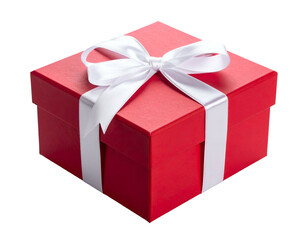 A closed bright red gift box tied with a pristine white ribbon