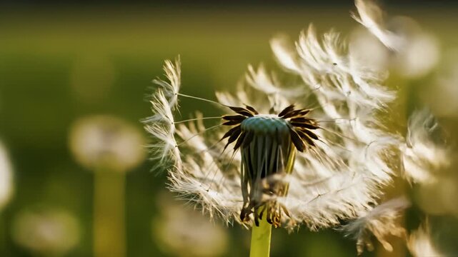 Close Up of Dandelion Clock Seed Head in Meadow With Seeds Dispersing