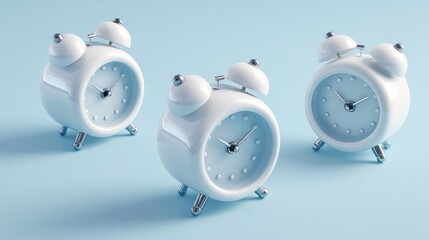 Three small, white alarm clocks sit on a light-blue surface.  The clocks, with light-blue faces and silver accents, are angled in a slightly staggered formation.  They display various times
