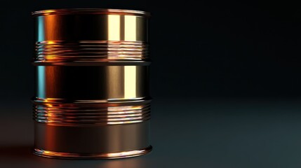 Polished gold barrel stands against a dark background, reflecting blue and orange light