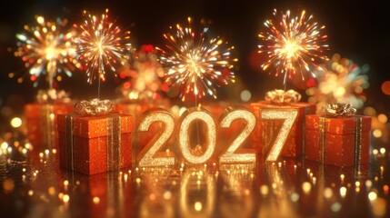 Golden "2027" surrounded by gifts under fireworks, bokeh background