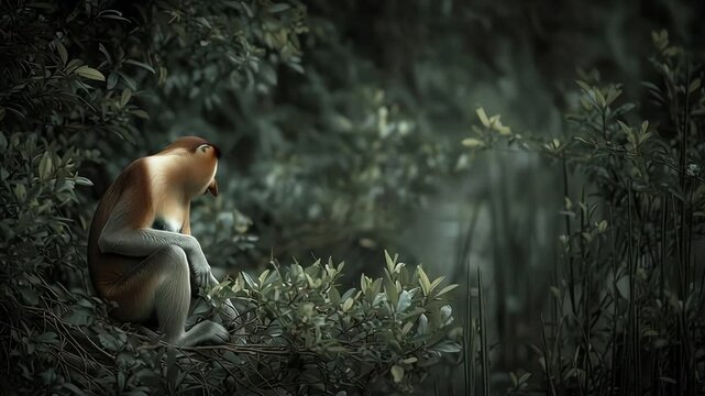 Proboscis monkey sitting alone in lush dark rainforest jungle