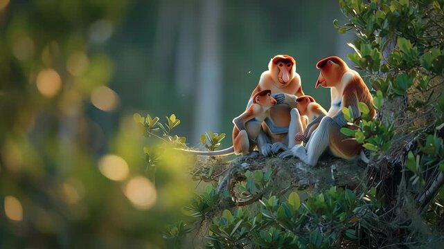 Family of proboscis monkey illuminated by golden sunlight