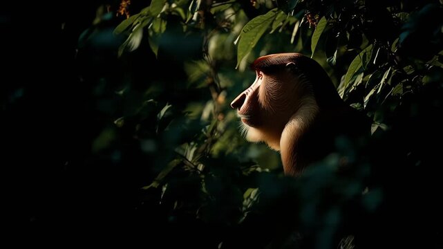 Wild Proboscis Monkey Looking Out From Dense Jungle Foliage