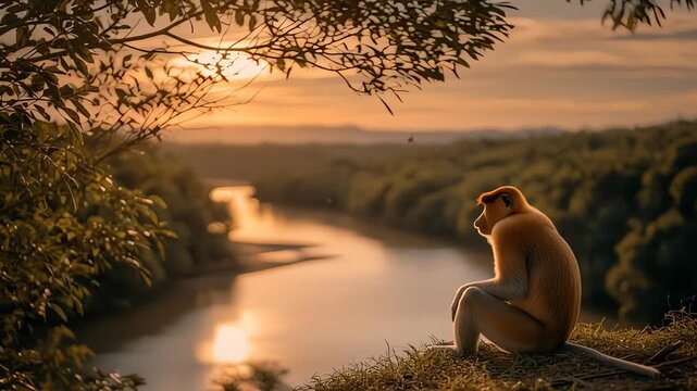 Wild proboscis monkey sits by river at beautiful sunset
