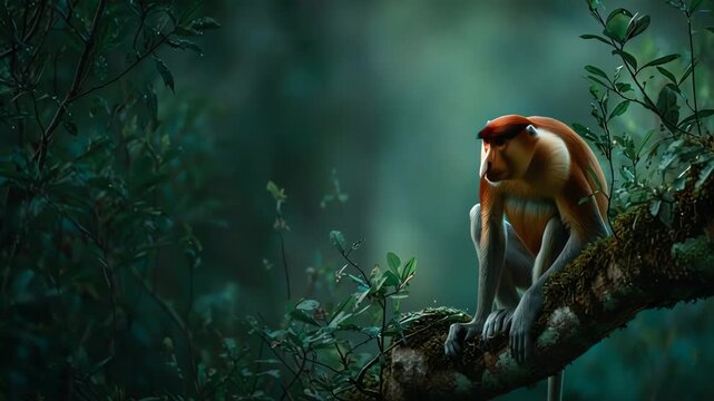 Dramatic Proboscis Monkey Portrait Sitting on Jungle Tree Branch