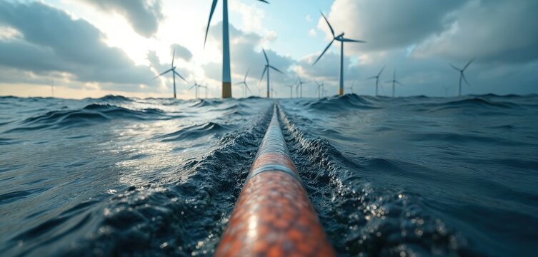 Subsea cable connects offshore wind farm turbines across choppy ocean waves. Clean energy infrastructure transmits power from turbines to shore. Renewable resource development powers modern life.