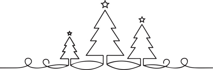 Festive black and white line art featuring three decorated Christmas trees on a decorative looped ribbon base. Ideal for holiday coloring pages and seasonal DIY crafts.