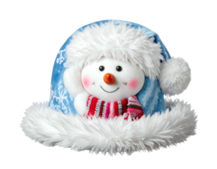 Soft plush snowman wearing a festive winter hat, white trim