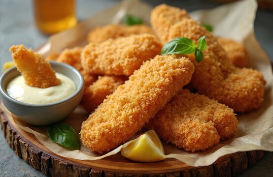 Crispy breaded fish fingers with remoulade sauce and lemon. Golden brown seafood sticks served on rustic wood. Perfect for children meals or quick snacks.