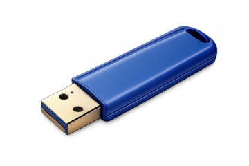 Blue usb flash drive on transparent background storing digital data, portable memory device for technology communication