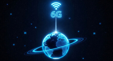 Glowing blue 6 G symbol and wifi icon above digital Earth in starry space technology globe