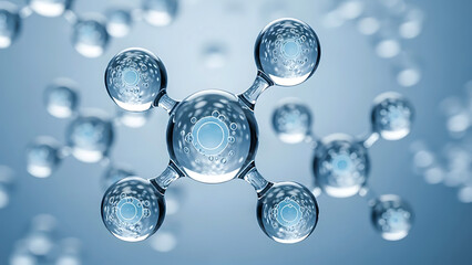 Transparent molecular structure with blue glowing centers and bubbles molecule science
